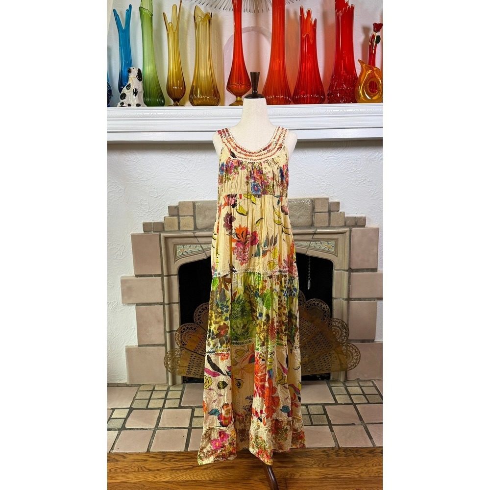 Palak Boho Tiered Maxi Dress Cotton Eyelet Mixed Floral Rick Rack India M - Picture 2 of 11